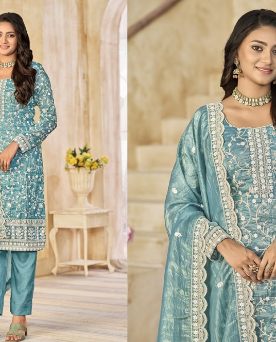 227-blue - Crush Straight Suit with Embroidered Work in Aqua Blue for Ceremonial